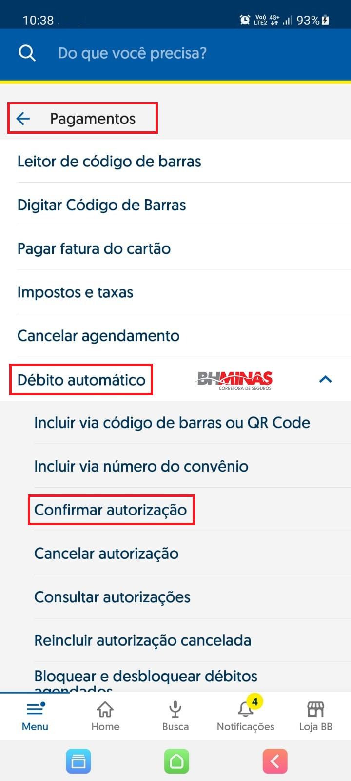 Autorizar debito de seguro pelo aplicativo do Banco do Brasil