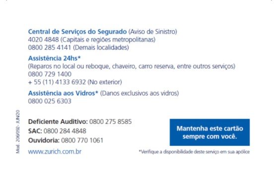 cartão seguro auto assistencia 24 horas automóvel carro zurich seguradora seguros